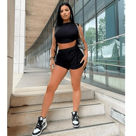 Black Sleeveless Ruched Crop Top and High Waist Shorts Two Piece Set - Picture 7 of 11